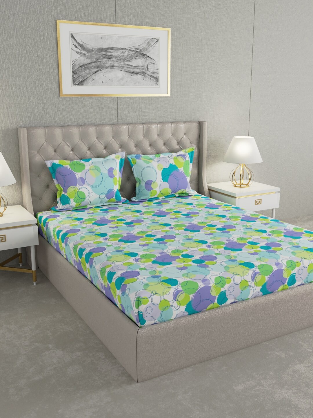 Raymond Home White & Purple Geometric 120 TC Queen Bedsheet with 2 Pillow Covers