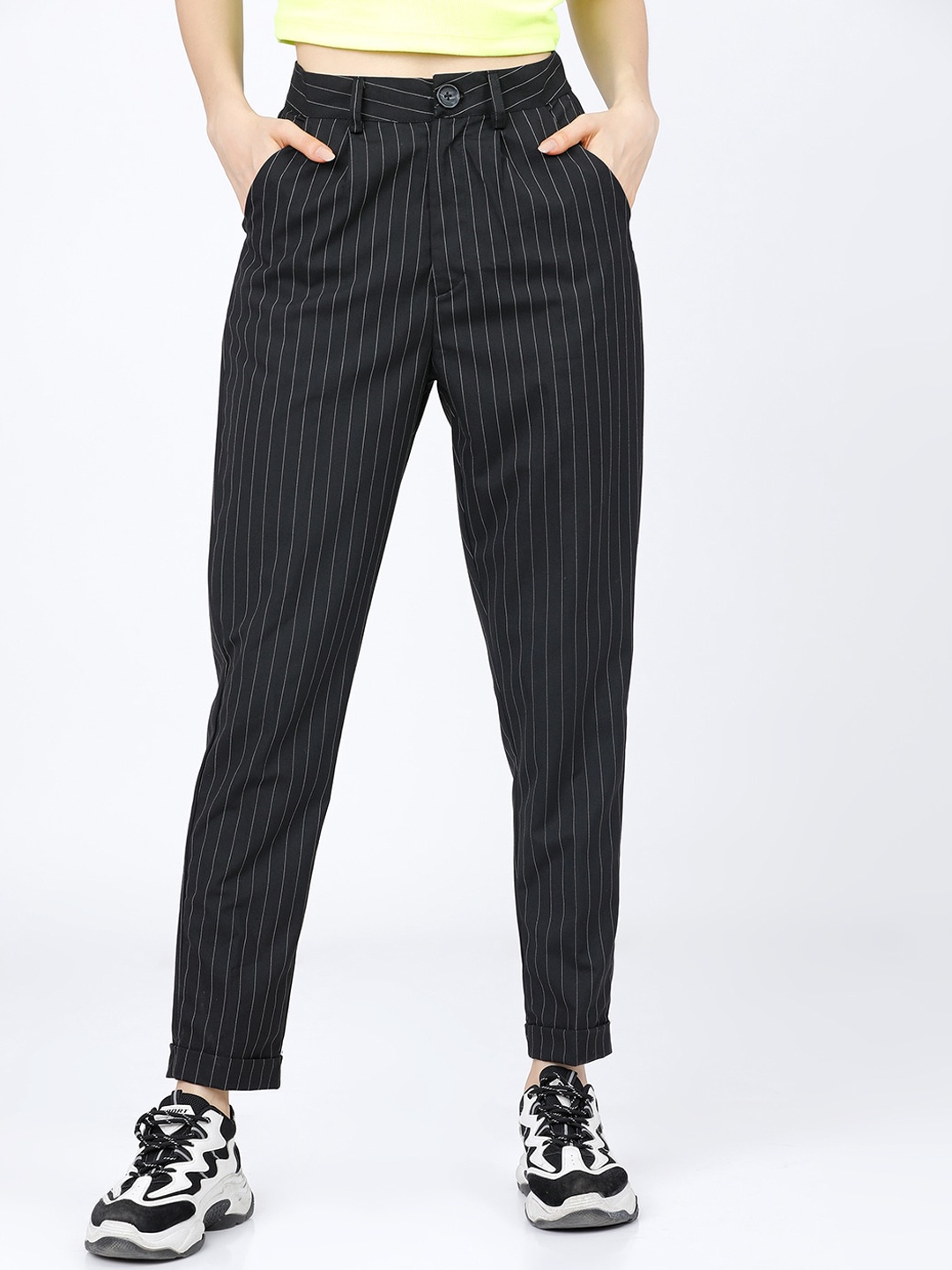 Tokyo Talkies Women Black Striped Regular Trousers