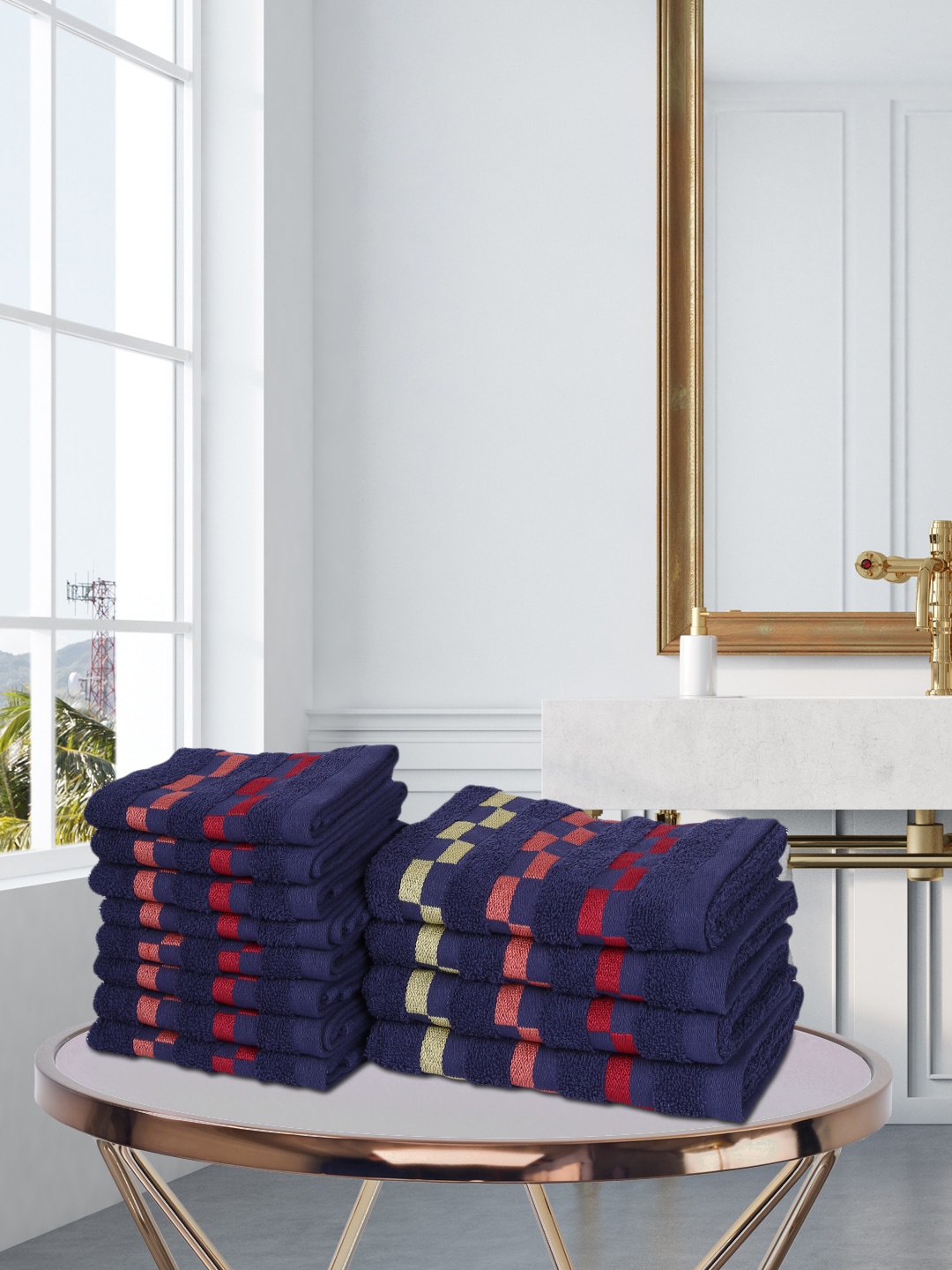 BIANCA Set Of 12 Navy Blue & Red Bumpy Stripes Printed Pure Cotton Towel Set