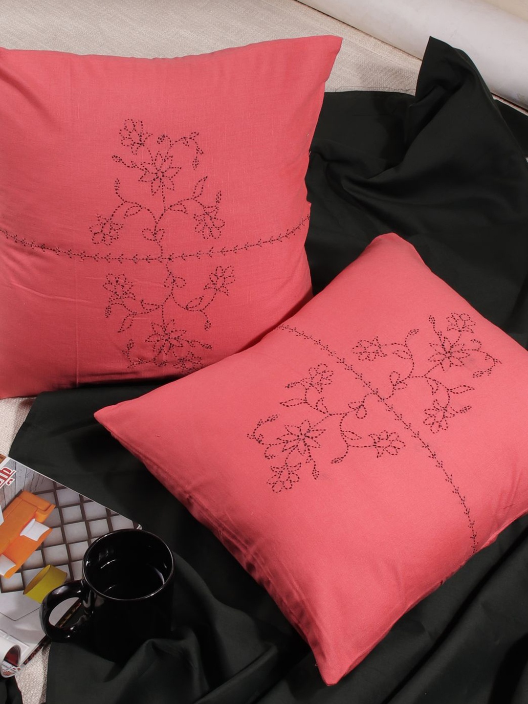 Molcha Pink & Black Set of 2 Phoolwari Hand Embroidered Square Cushion Covers