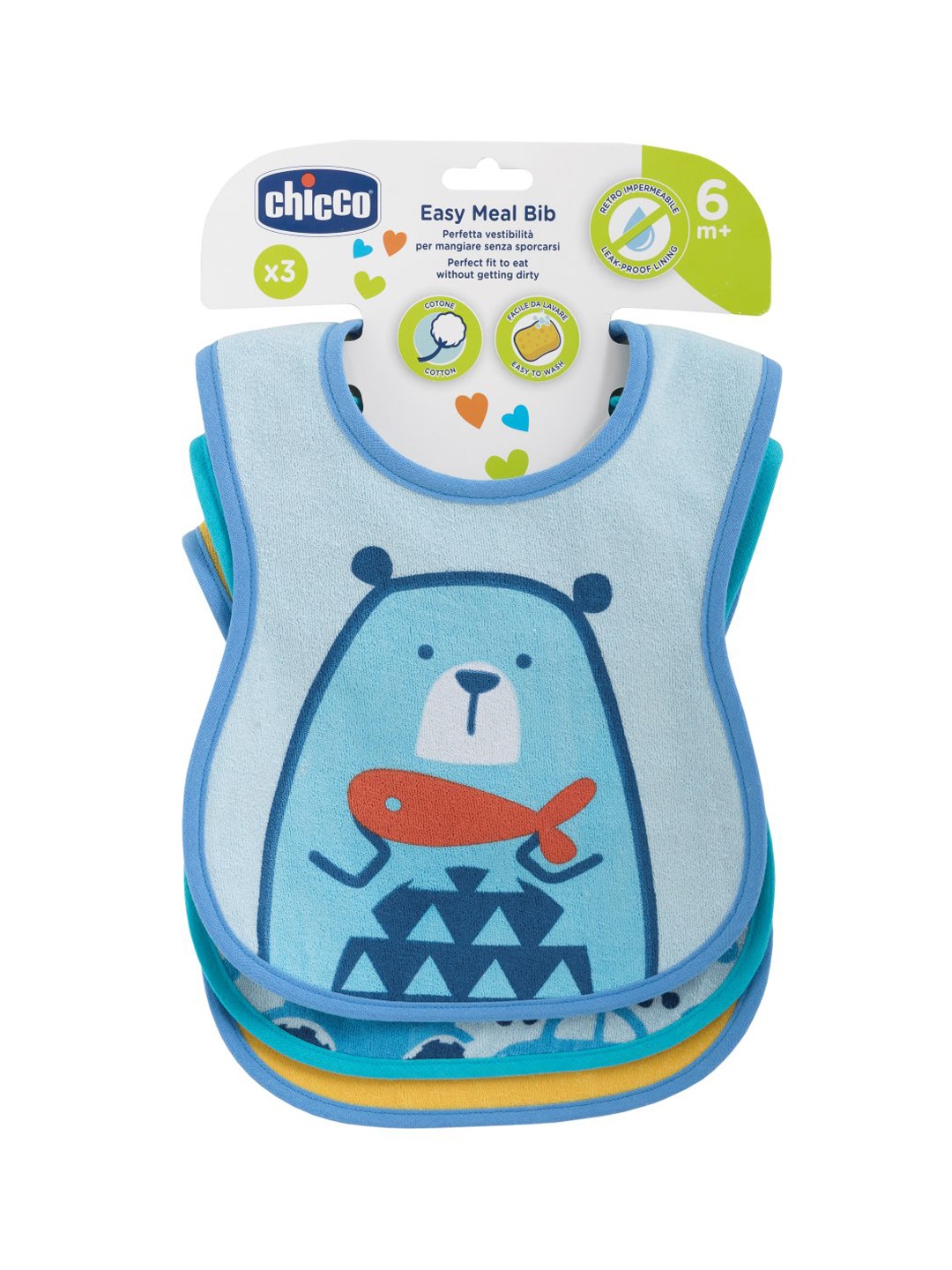 Chicco 6 moths Infant Boys Pack Of 3 Cotton Bibs, Blue
