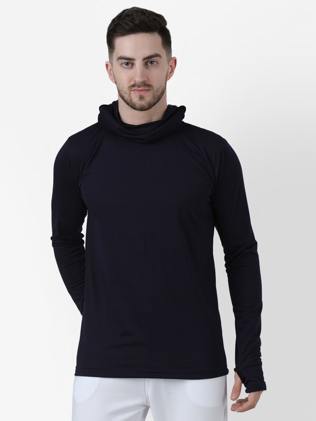 PAUSE SPORT Men Navy Blue Turtle Neck Slim Fit T-shirt