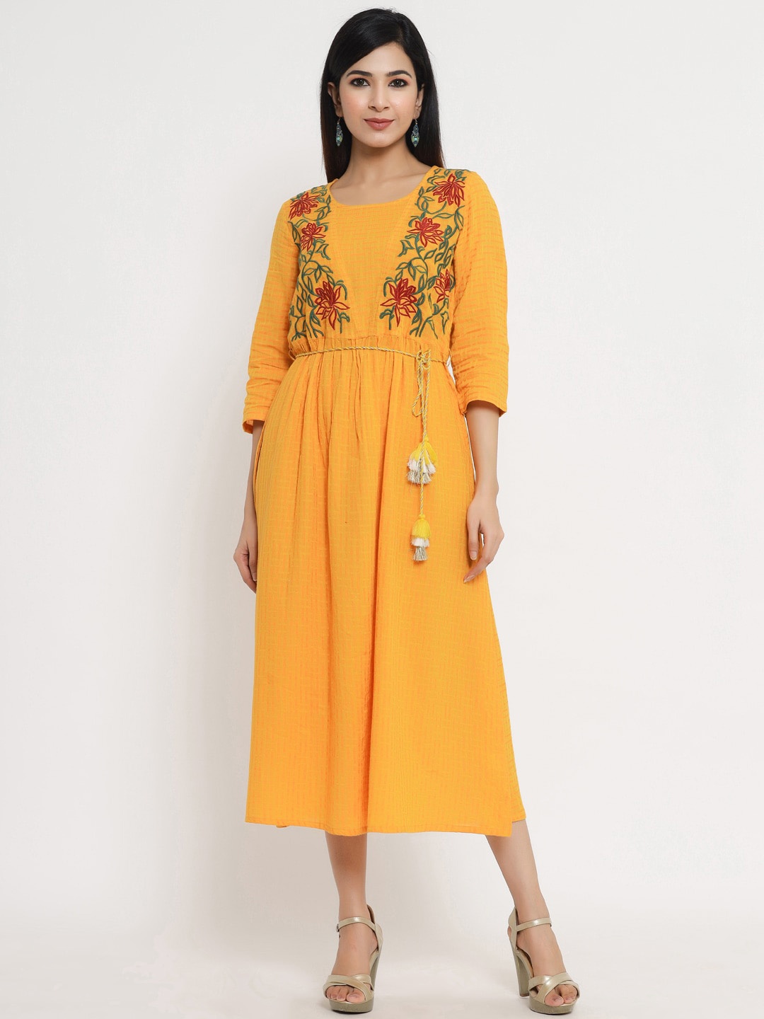 Sangria Yellow Embroidered Midi Fit & Flare Dress With Tie-up Belt