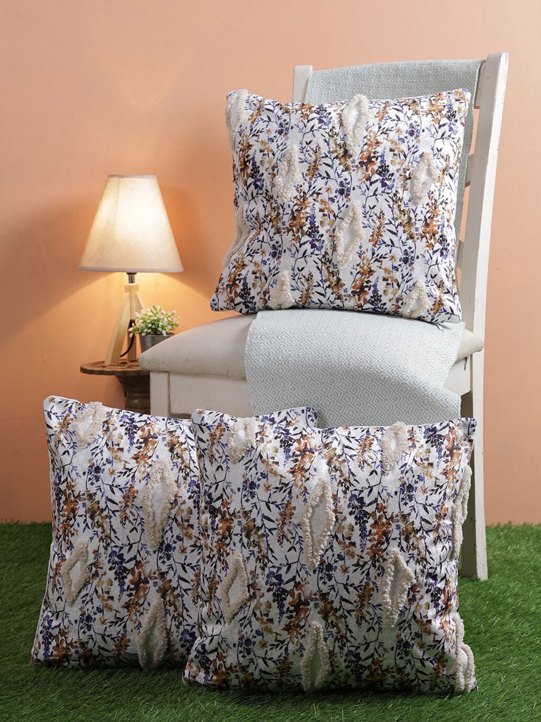 ROMEE White & Brown Set of 3 Floral Square Cushion Covers