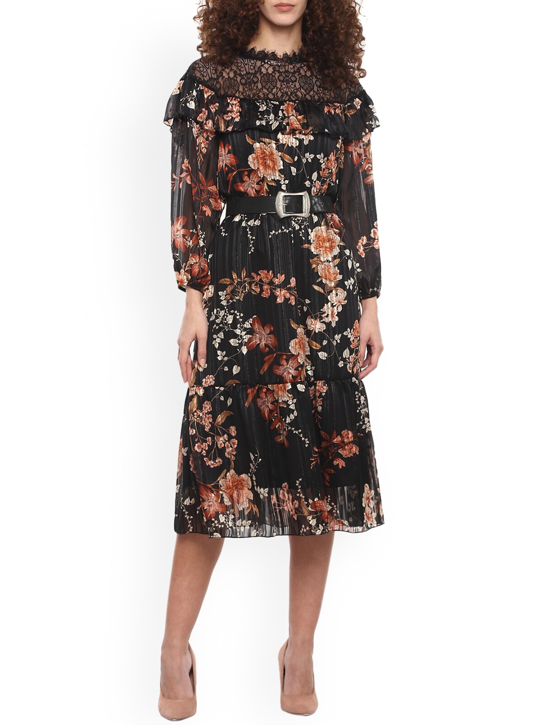 Rinascimento Women Black & Brown Floral Lace Maxi Dress