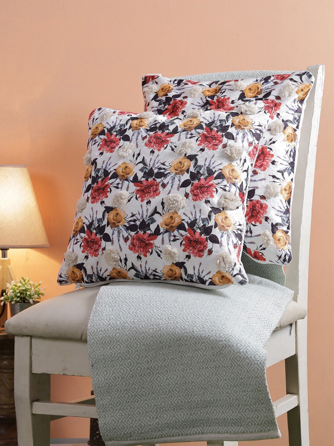 ROMEE White & Red Set of 2 Floral Square Cushion Covers
