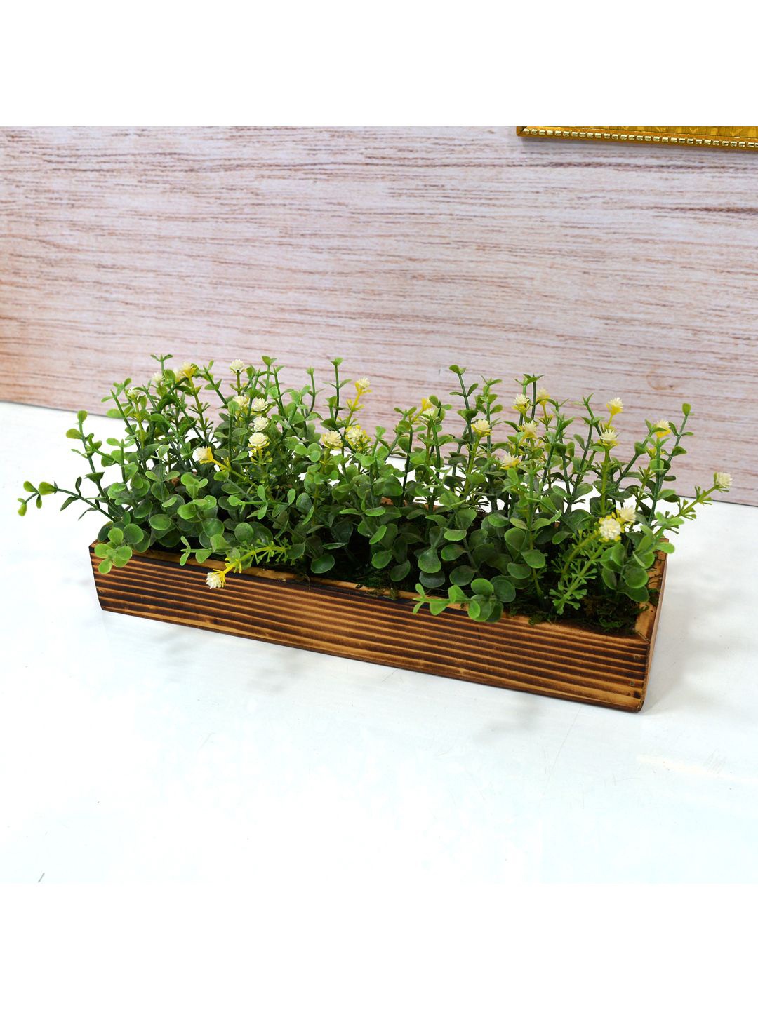 fancy mart Green & Brown Artificial Hackle Berry Plant Bunch In Wood Planter