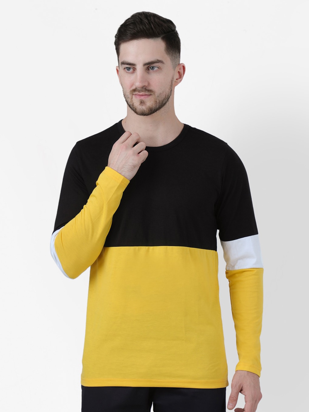 PAUSE SPORT Men Black & Yellow Colourblocked Slim Fit T-shirt