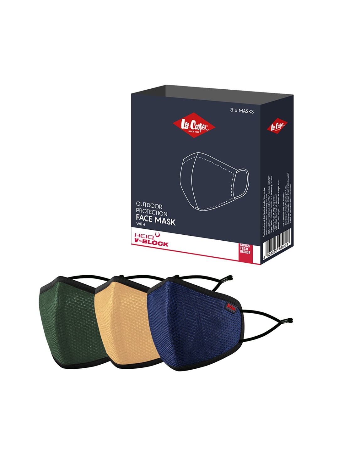 Lee Cooper Unisex Pack Of 3 Solid 6-Ply Reusable Cotton Protective Outdoor Face Masks, Blue