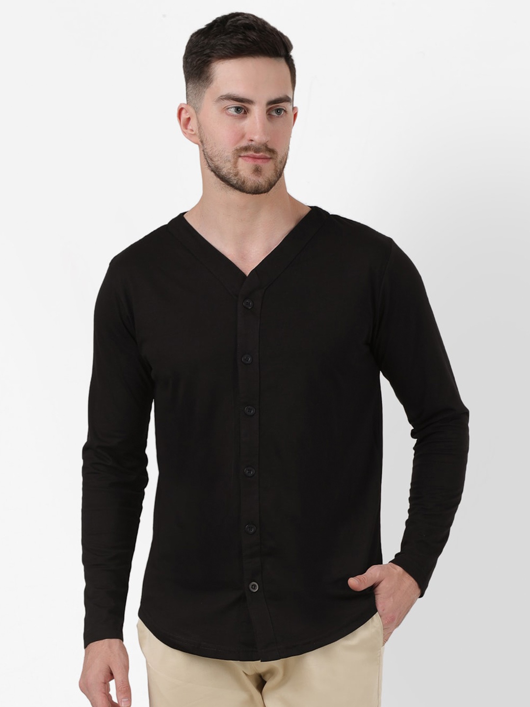 PAUSE SPORT Men Black Striped V-Neck Slim Fit T-shirt