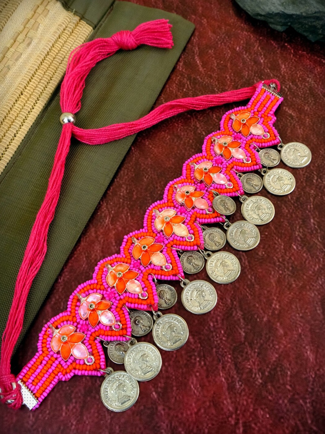Crunchy Fashion Silver & Pink Silver-Plated Oxidised Necklace