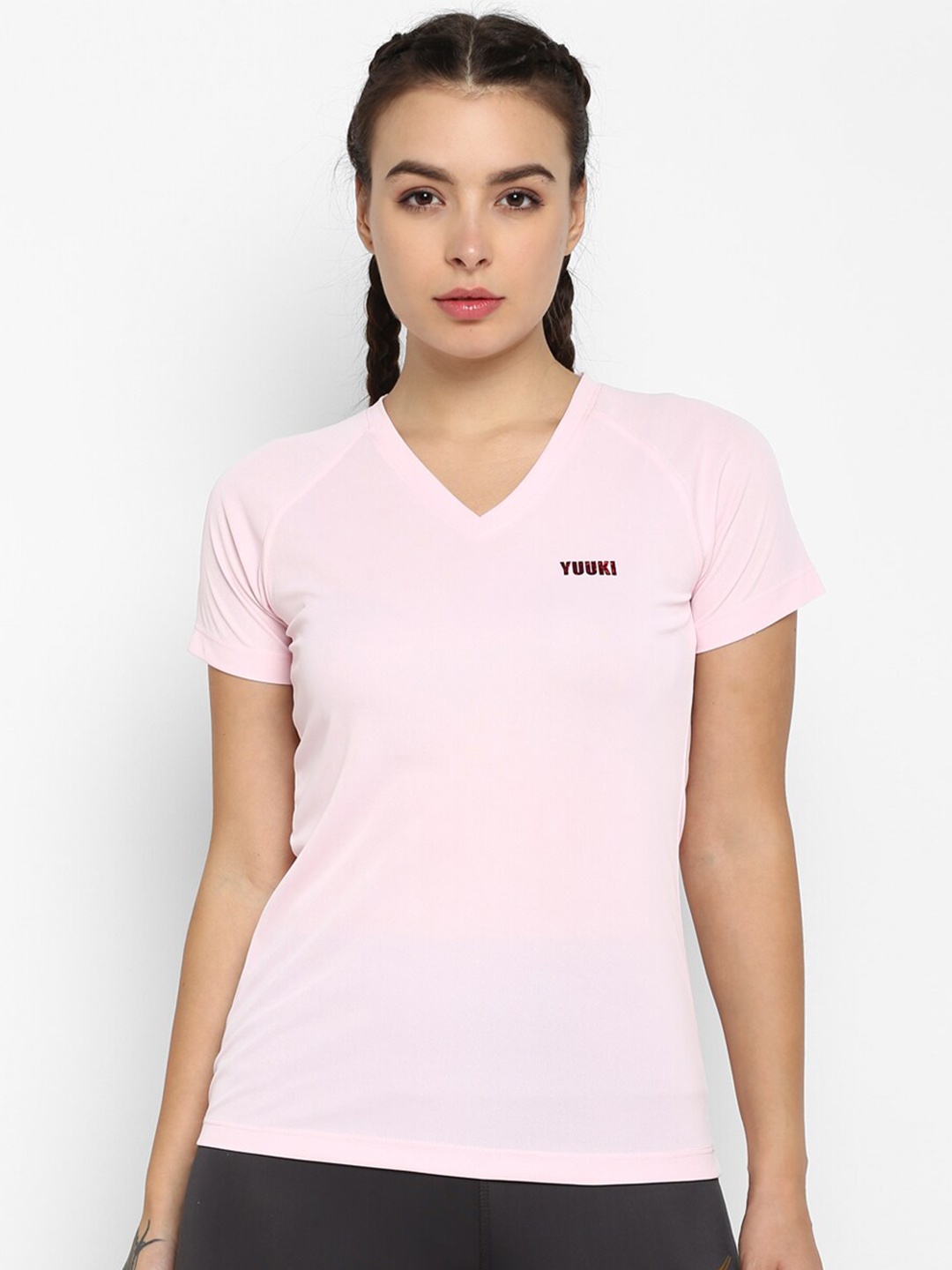Yuuki Women Pink V-Neck Slim Fit T-shirt