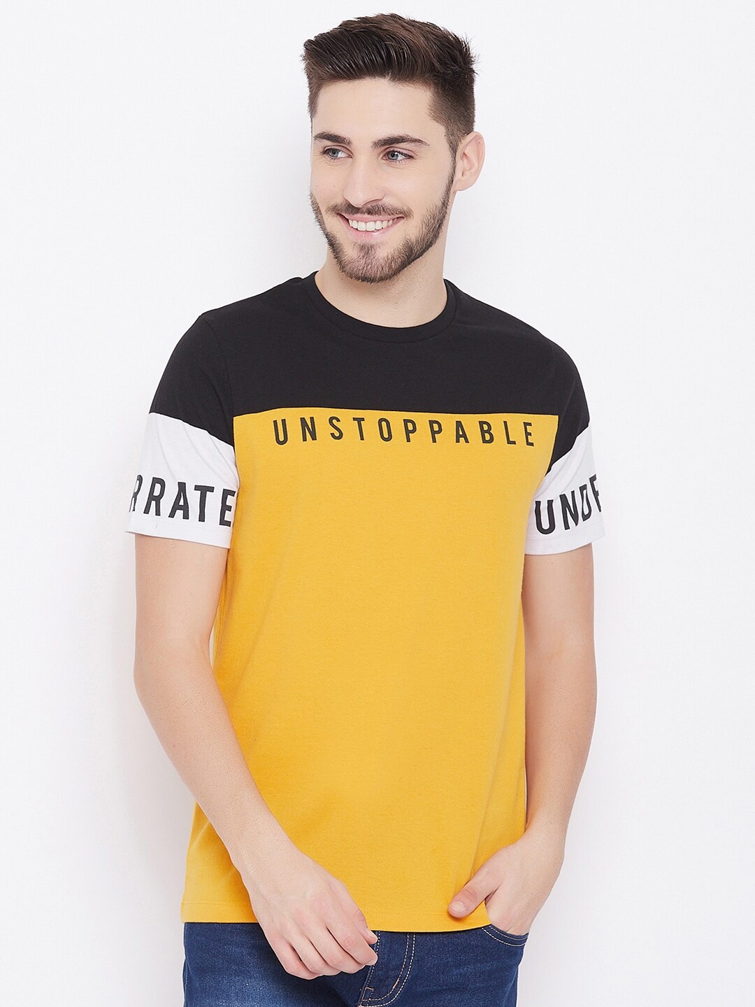 Austin wood Men Yellow & Black Colourblocked T-shirt