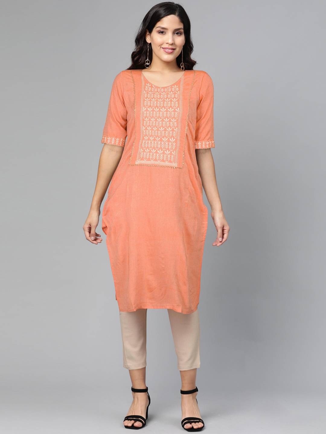 FLAVIDO Women Peach & Beige Ethnic Motifs Yoke Design Thread Work Kurta