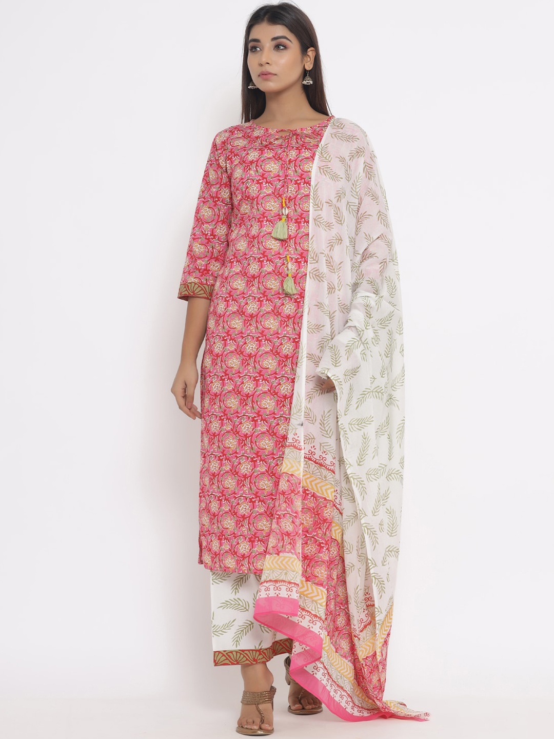 Silai Bunai Women Red Ethnic Motifs Printed Pure Cotton Kurta with Palazzos & With Dupatta