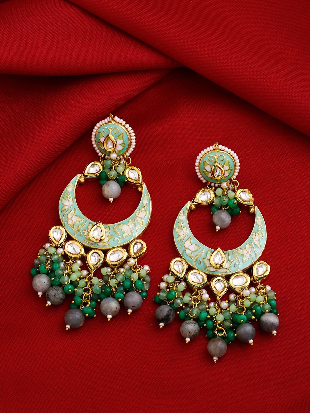 THE AAB STUDIO Green Kundan Handcrafted Enamelled Chandbalis With Beads & Pearl Earings
THE AAB STUDIO Green Kundan Handcrafted Enamelled Chandbalis With Beads & Pearl Earings