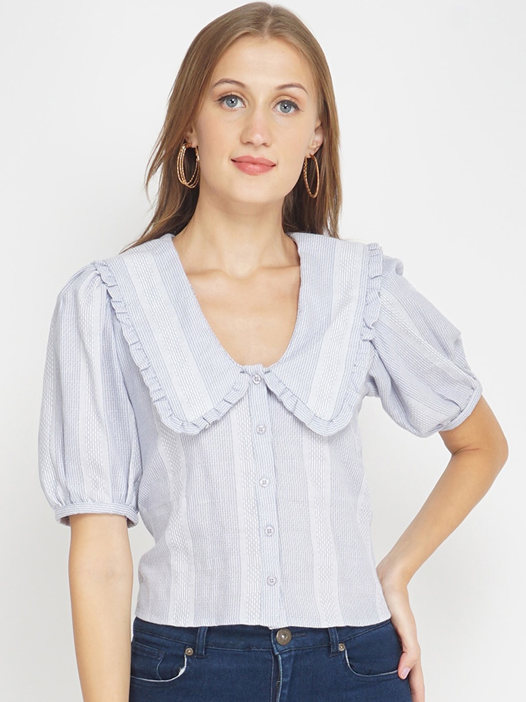 Oxolloxo Women Blue Multi Stripes Striped Casual Shirt