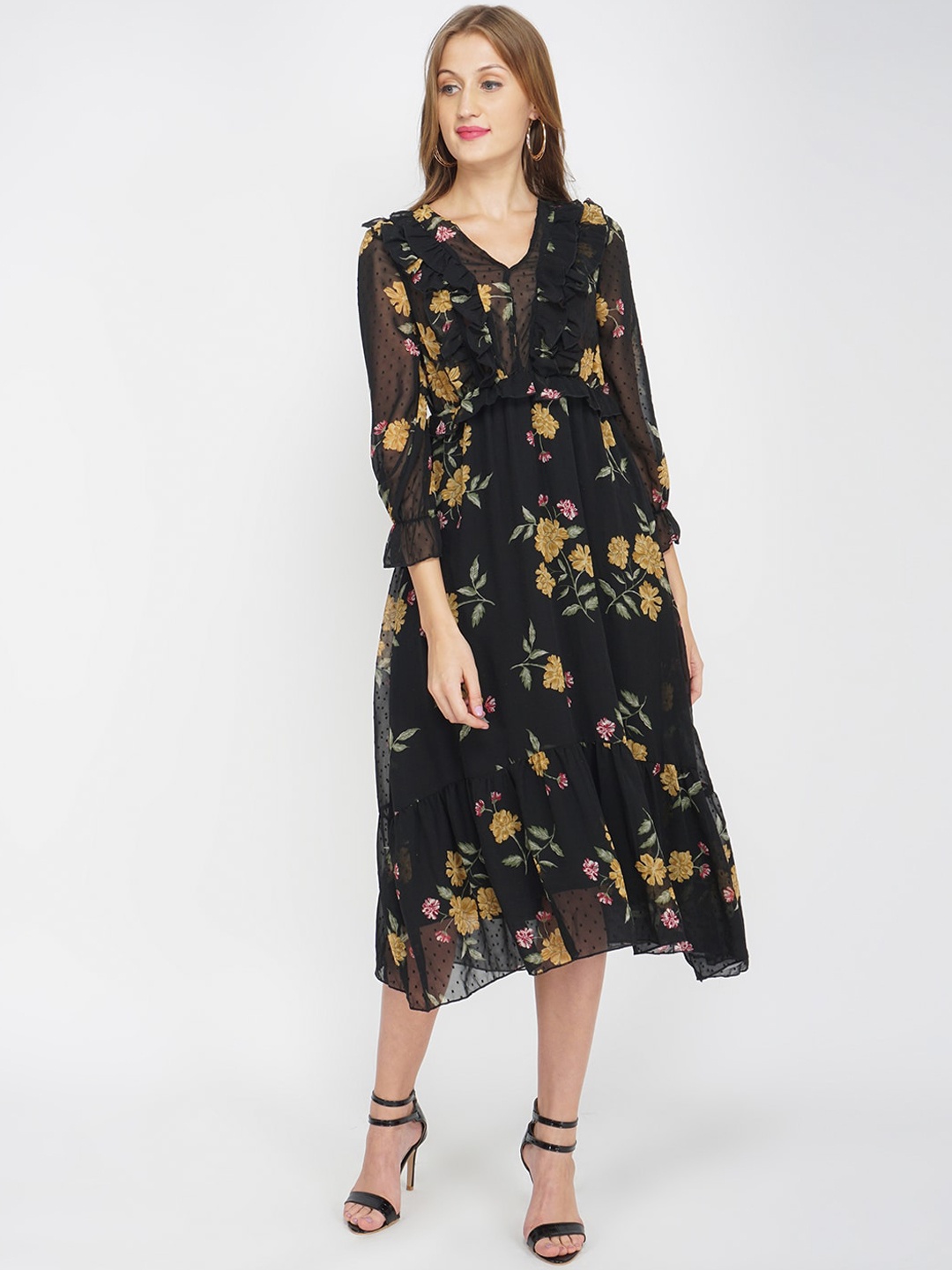 Oxolloxo Black Floral Satin Midi Dress