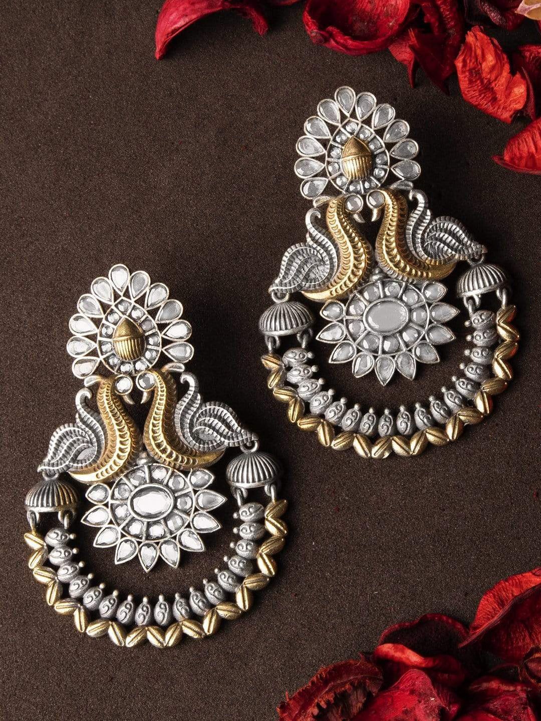 Rubans Silver & Gold-Toned Contemporary Chandbalis Earrings