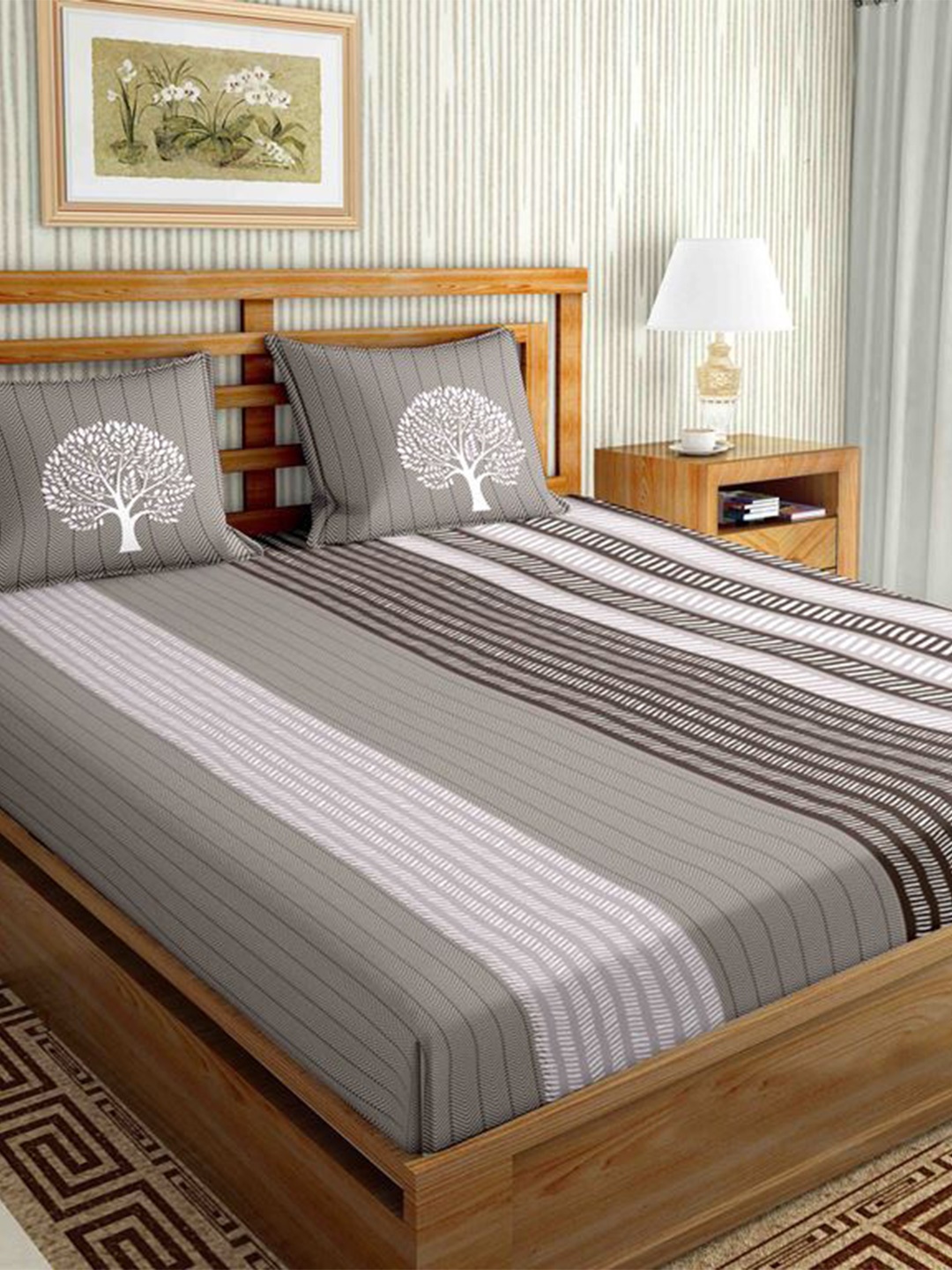 BELLA CASA Grey & Black Striped 160 TC King Bedsheet with 1 Pillow Covers