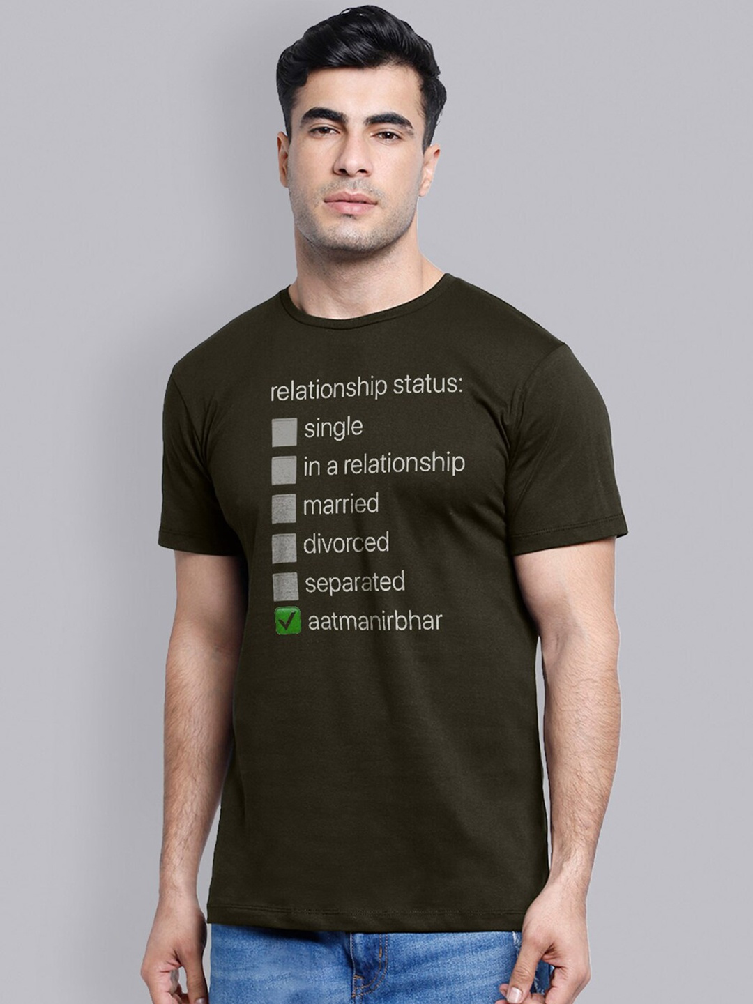 Free Authority Men Olive Brown Typography Printed T-shirt