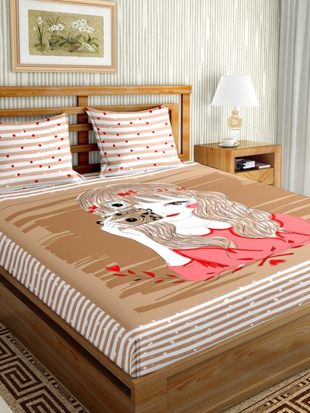 BELLA CASA Brown & White Graphic 144 TC King Bedsheet with 1 Pillow Covers