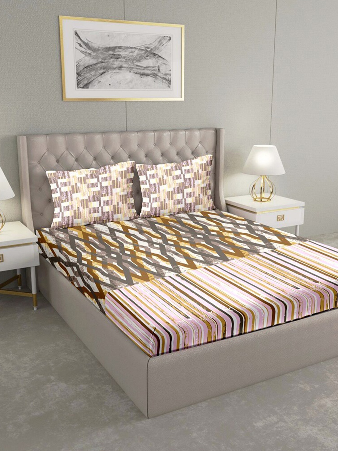 BELLA CASA Pink & Brown 180 TC King Bedsheet with 2 Pillow Covers