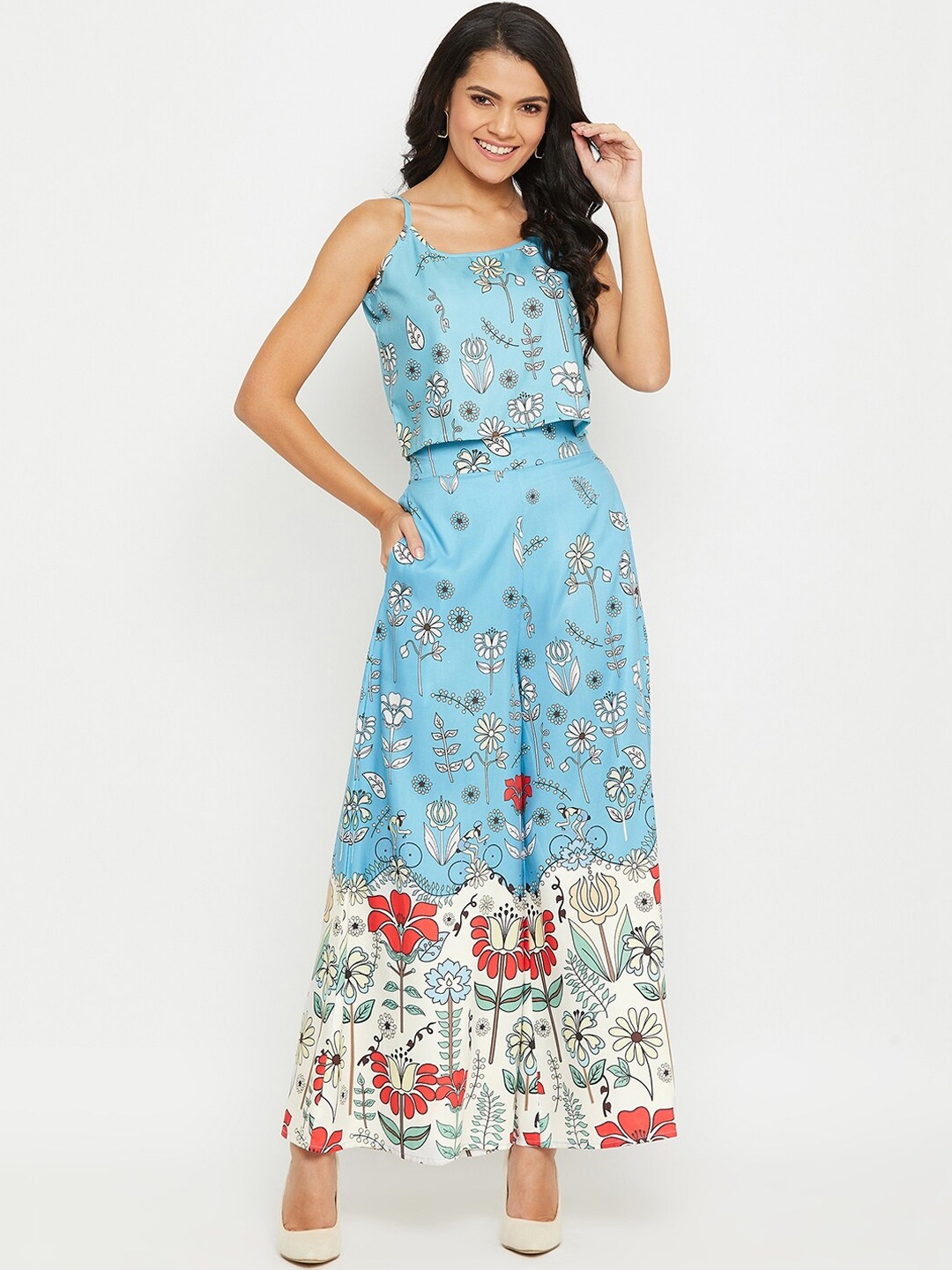 PANIT Floral Polyester Kurta Set, Blue