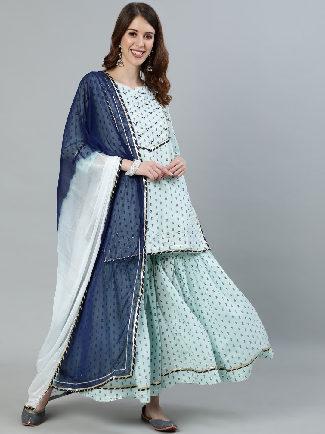 Ishin Women Blue Ethnic Motifs Yoke Design Gotta Patti Cotton Kurta with Sharara & Dupatta