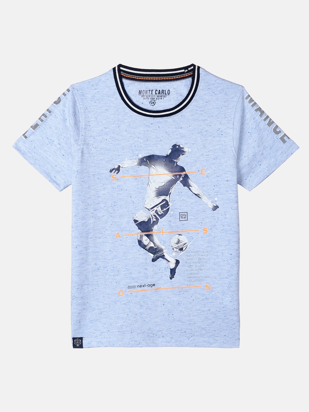 Monte Carlo Boys Sky Blue Melange Graphic Printed Cotton Blend T-shirt