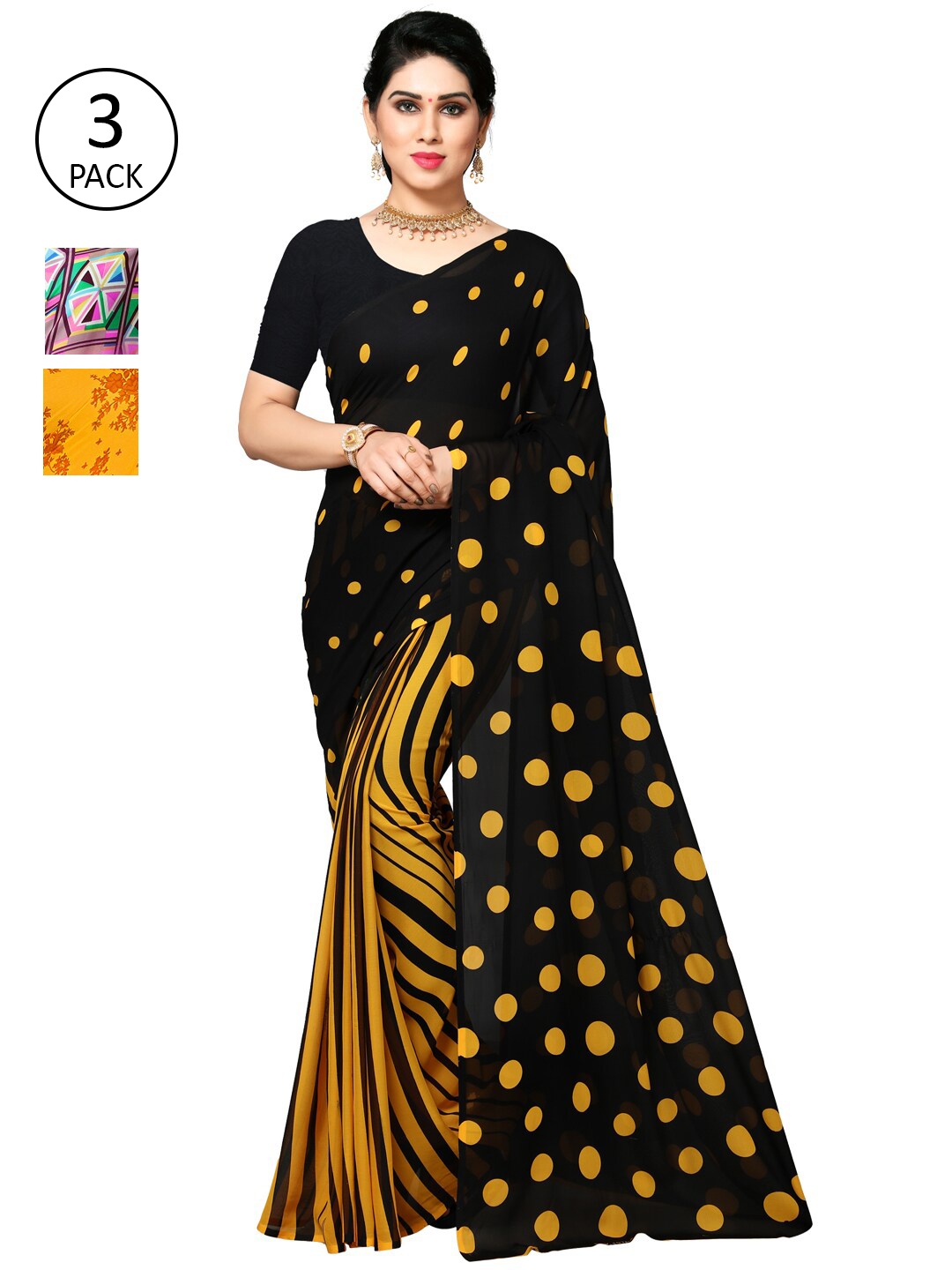 KALINI Pack of 3 Printed Sarees, Yellow