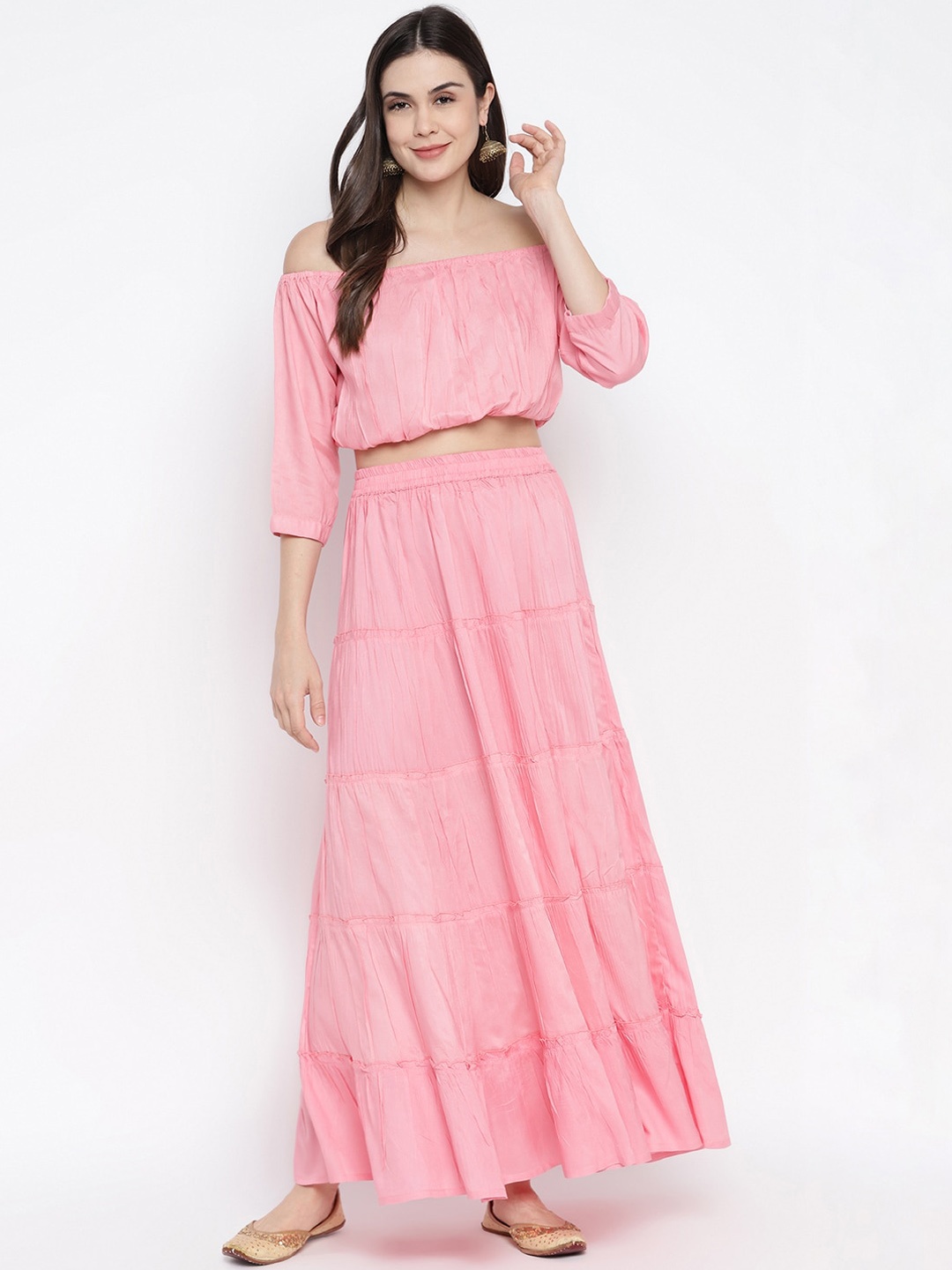 Aawari Pink Off-Shoulder Co-ordinate Set Tiered Maxi Length Prom Dress
