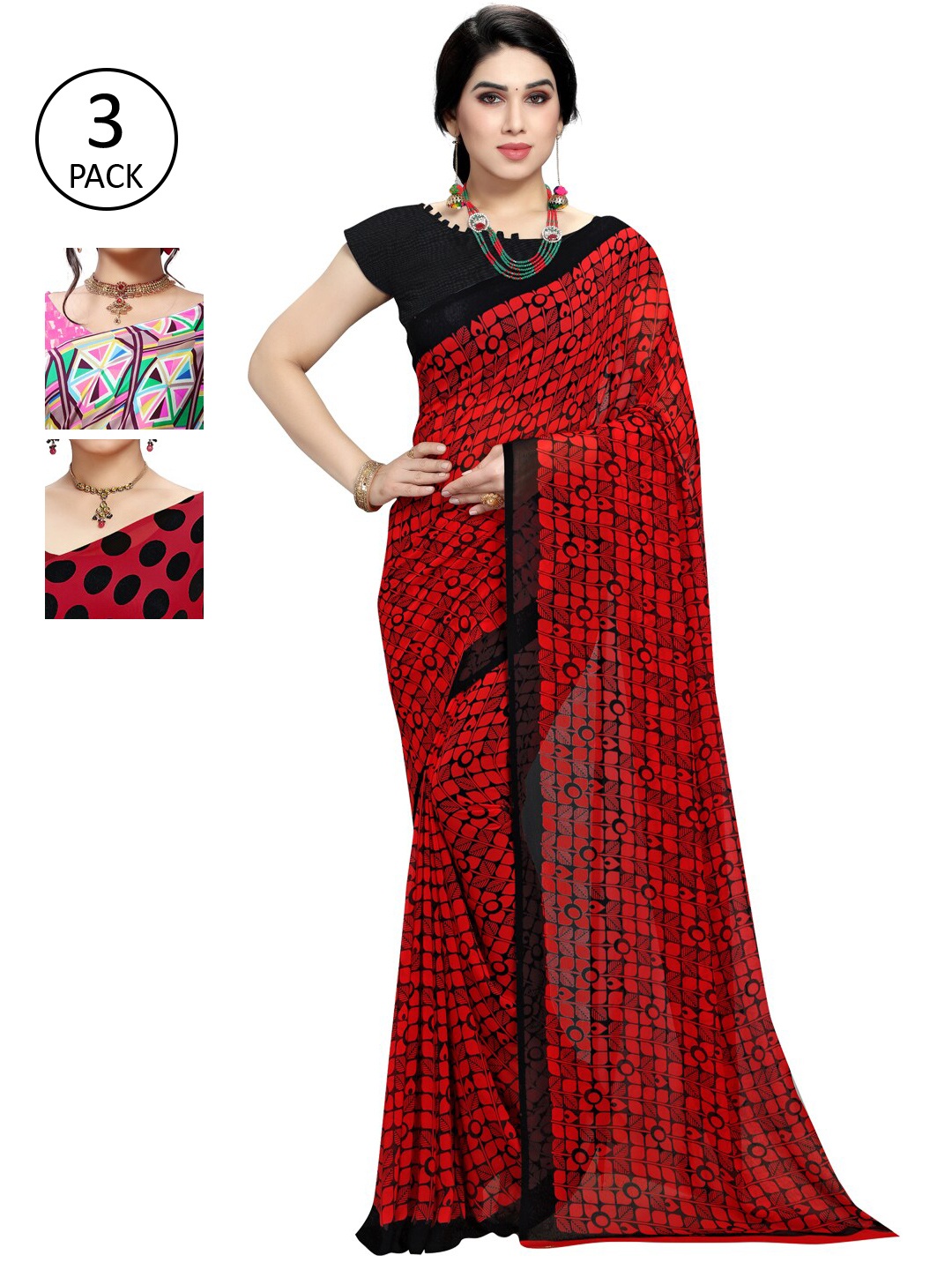 KALINI Pack of 3 Printed Sarees, Pink