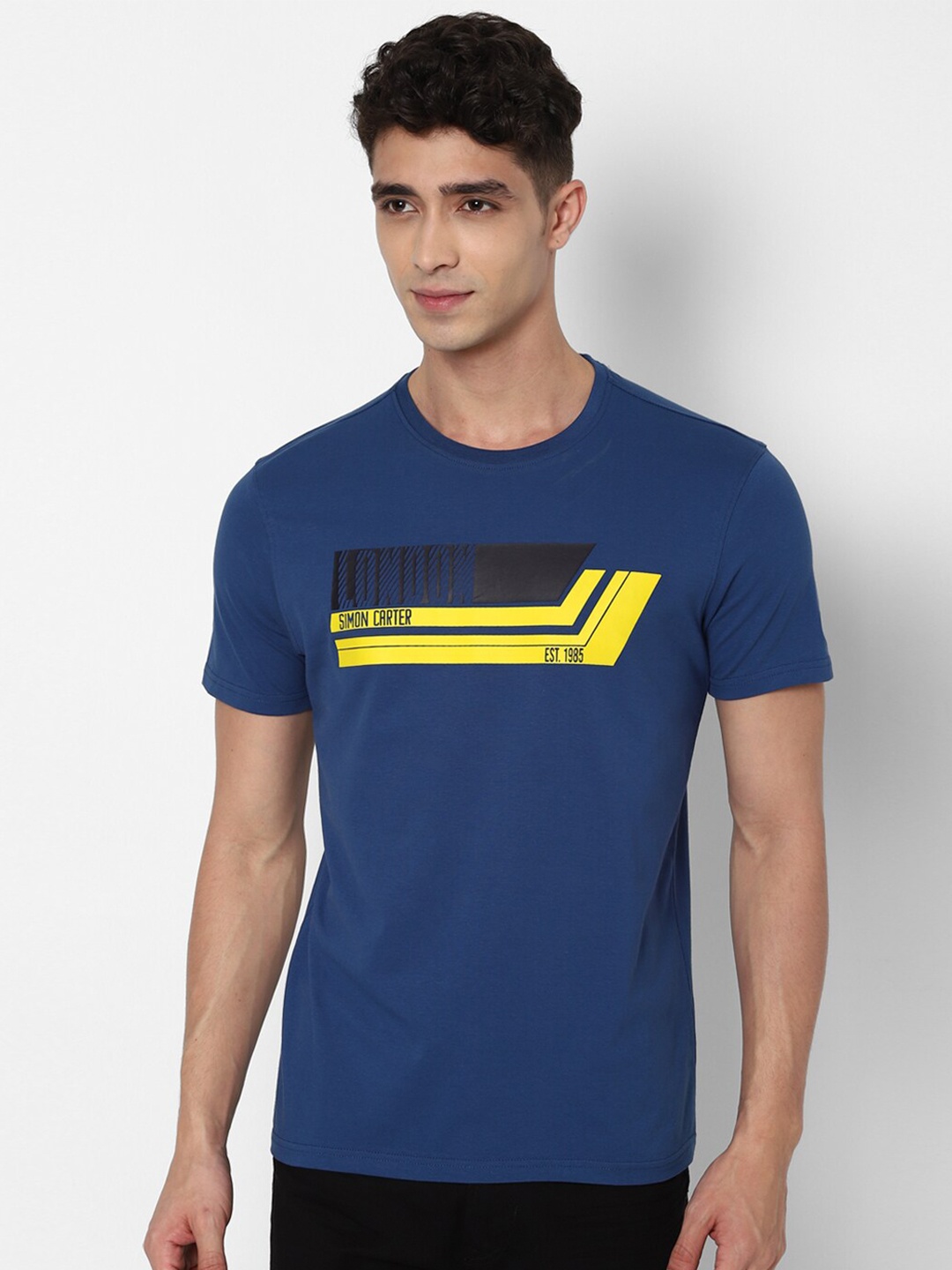 SIMON CARTER LONDON Men Blue & Yellow Printed Slim Fit T-shirt