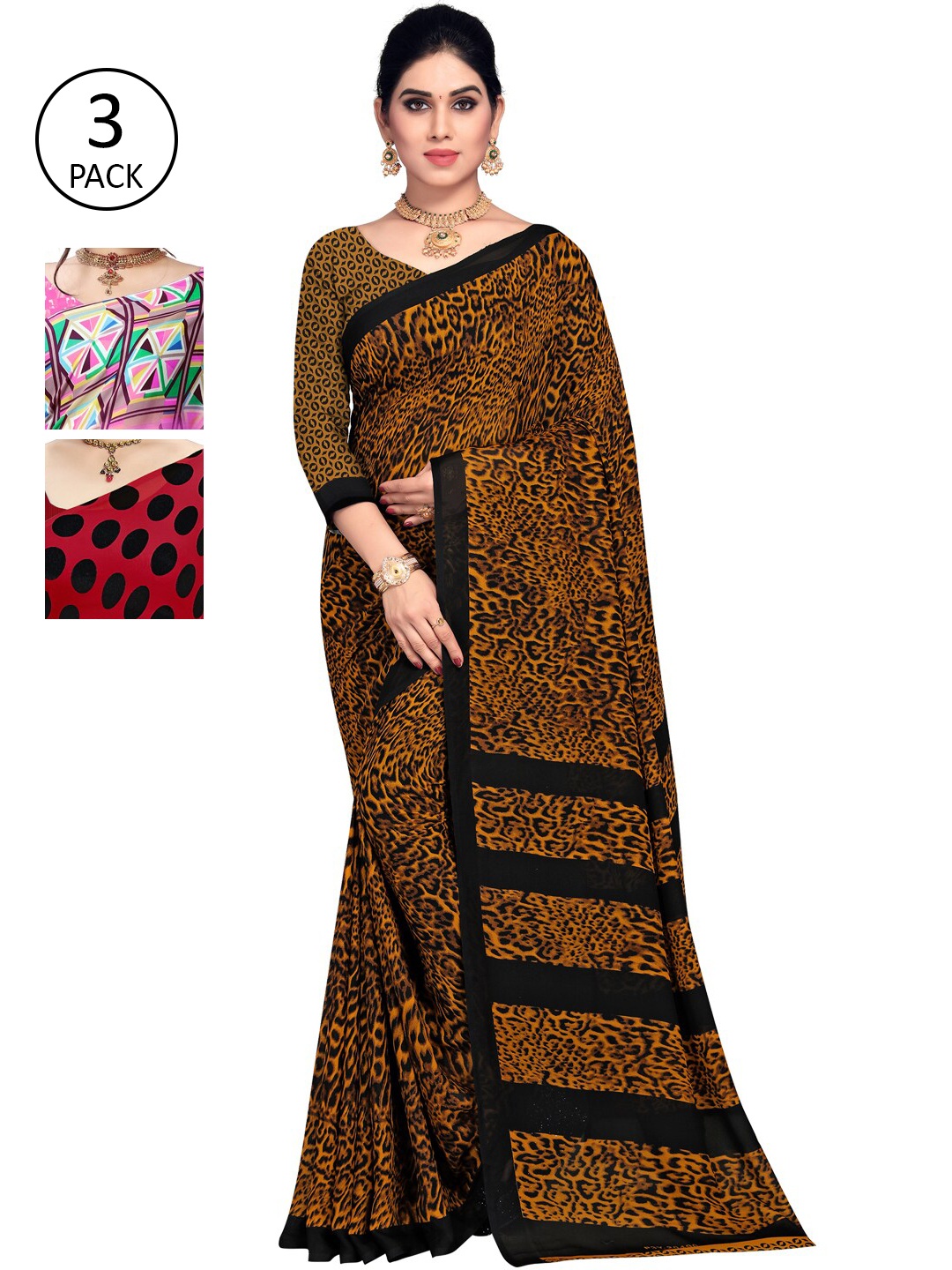 KALINI Pink & Red Pack of 3 Saree