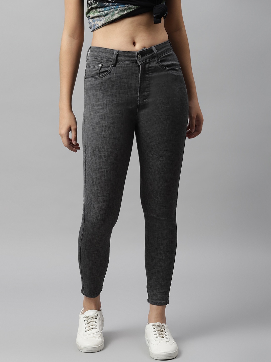 Code 61 Women Charcoal Grey Skinny Fit High-Rise Jeans