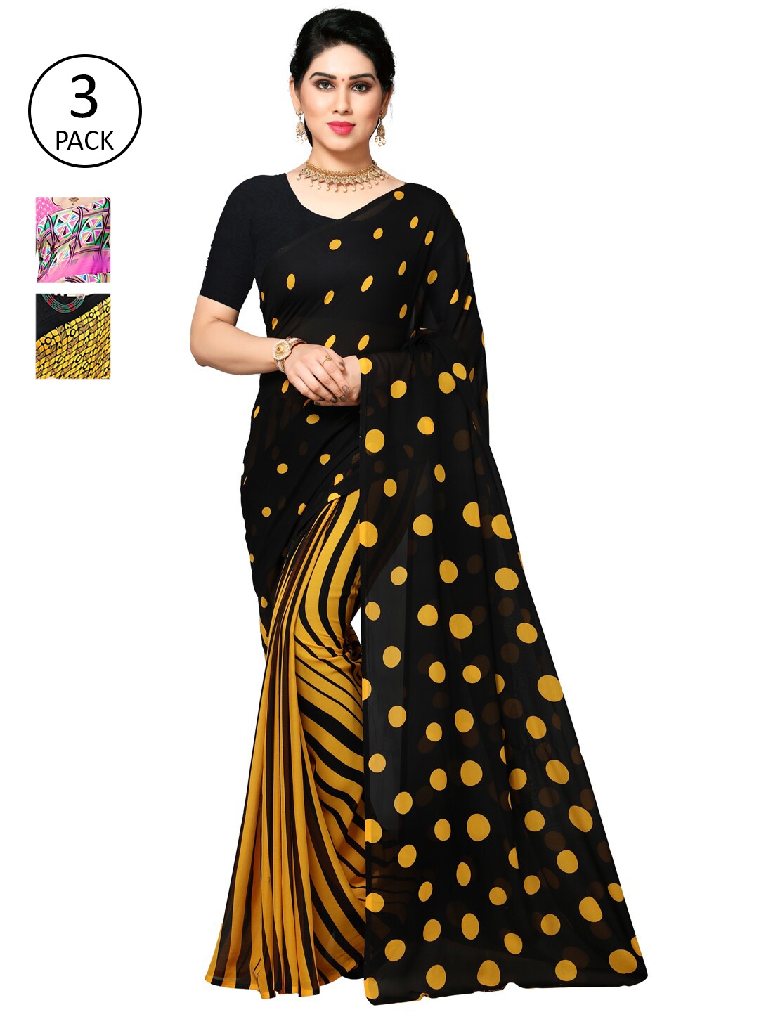 KALINI Pack of 3 Printed Poly Georgette Saree, Multi