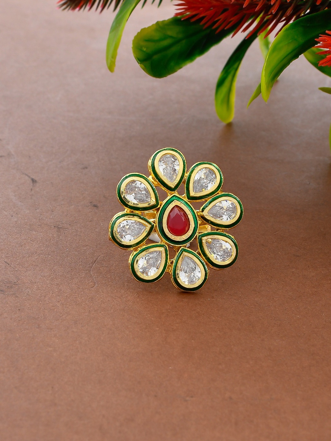 Silvermerc Designs Gold-Plated White & Red Kundan-Studded Meenakari Adjustable Finger Ring
Silvermerc Designs Gold-Plated White & Red Kundan-Studded Meenakari Adjustable Finger Ring