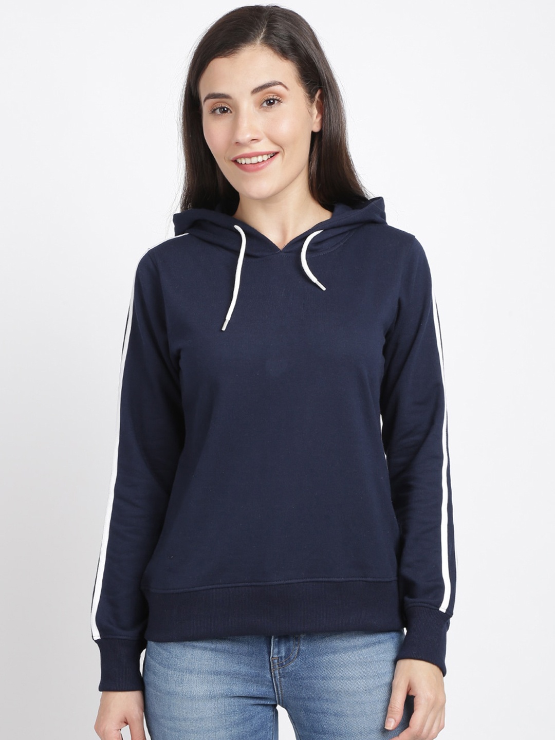 BEVERLY BLUES Women Navy Blue Hooded Pullover Sweatshirt