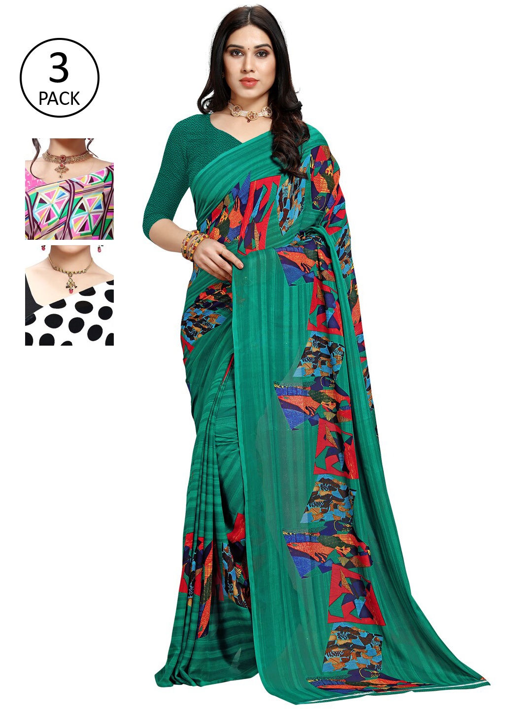 KALINI Green & Pink Pack of 3 Printed Sarees