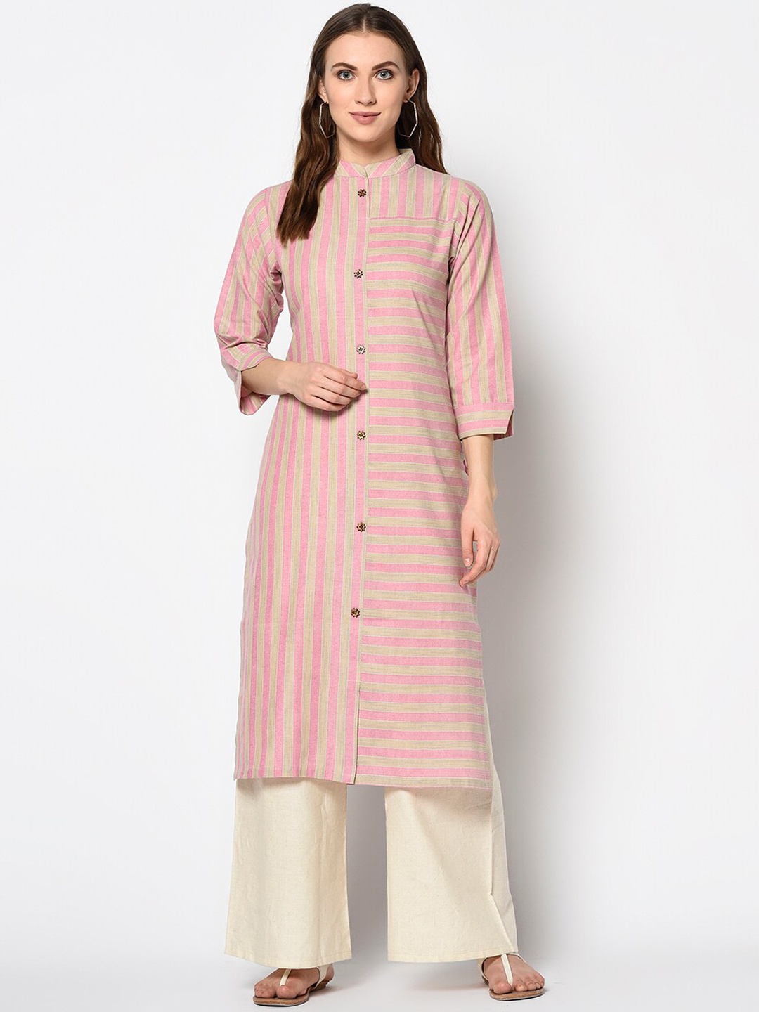 Kvsfab Women Pink & beige Vertical & Horizontal Stipes Mandarin Collar Kurta