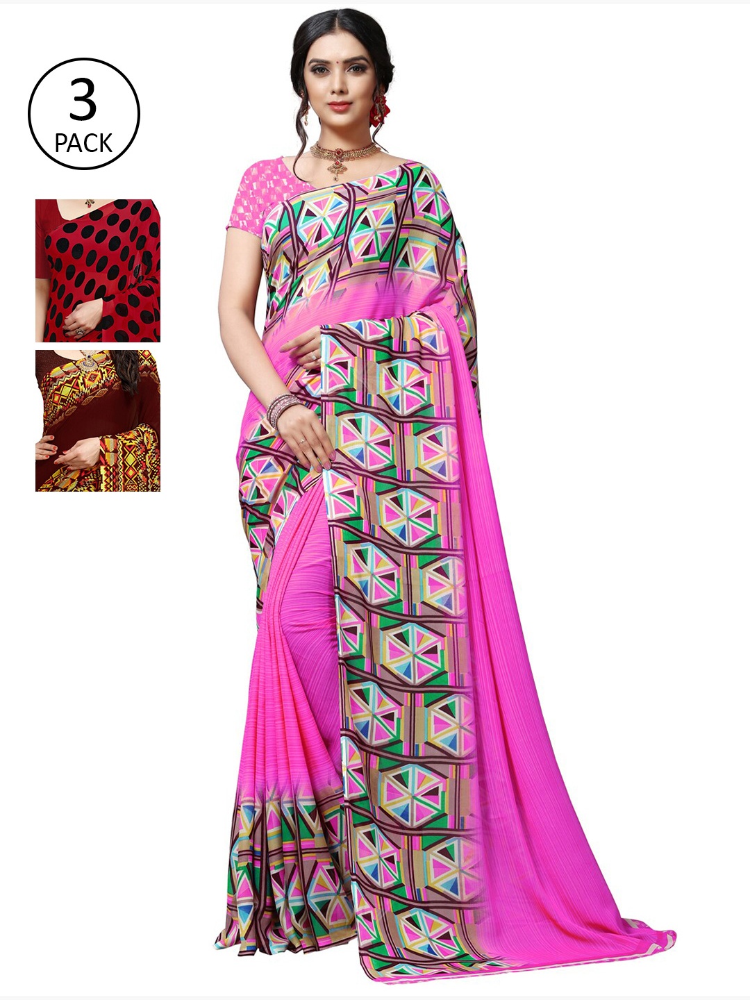 KALINI Red & Black Pack of 3 Saree