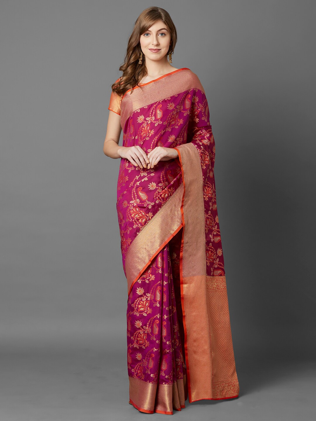 Mitera Magenta Pink & Orange Paisley Woven Design Kanjeevaram Saree