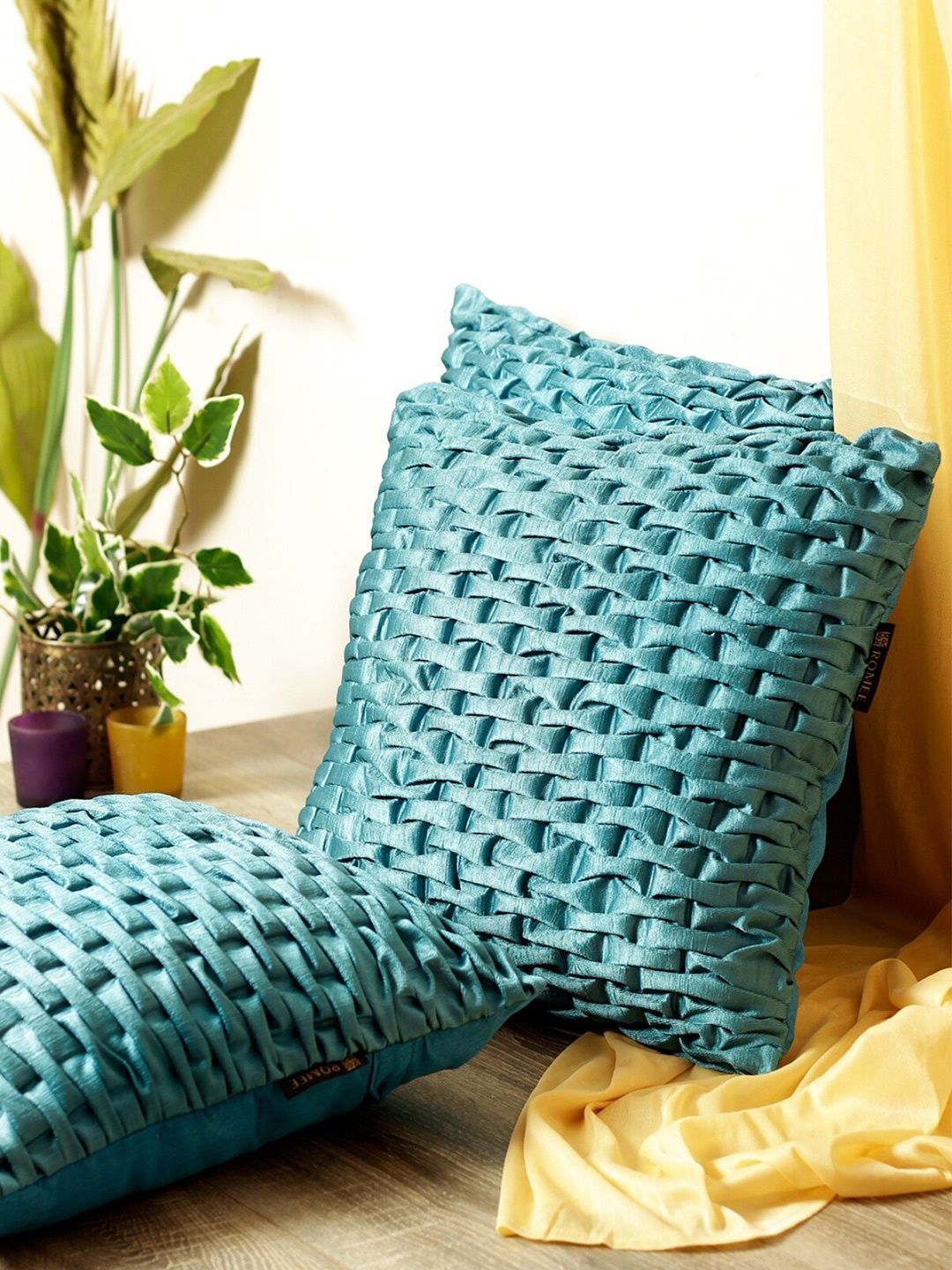 ROMEE Turquoise Blue Set of 3 Geometric Square Cushion Covers