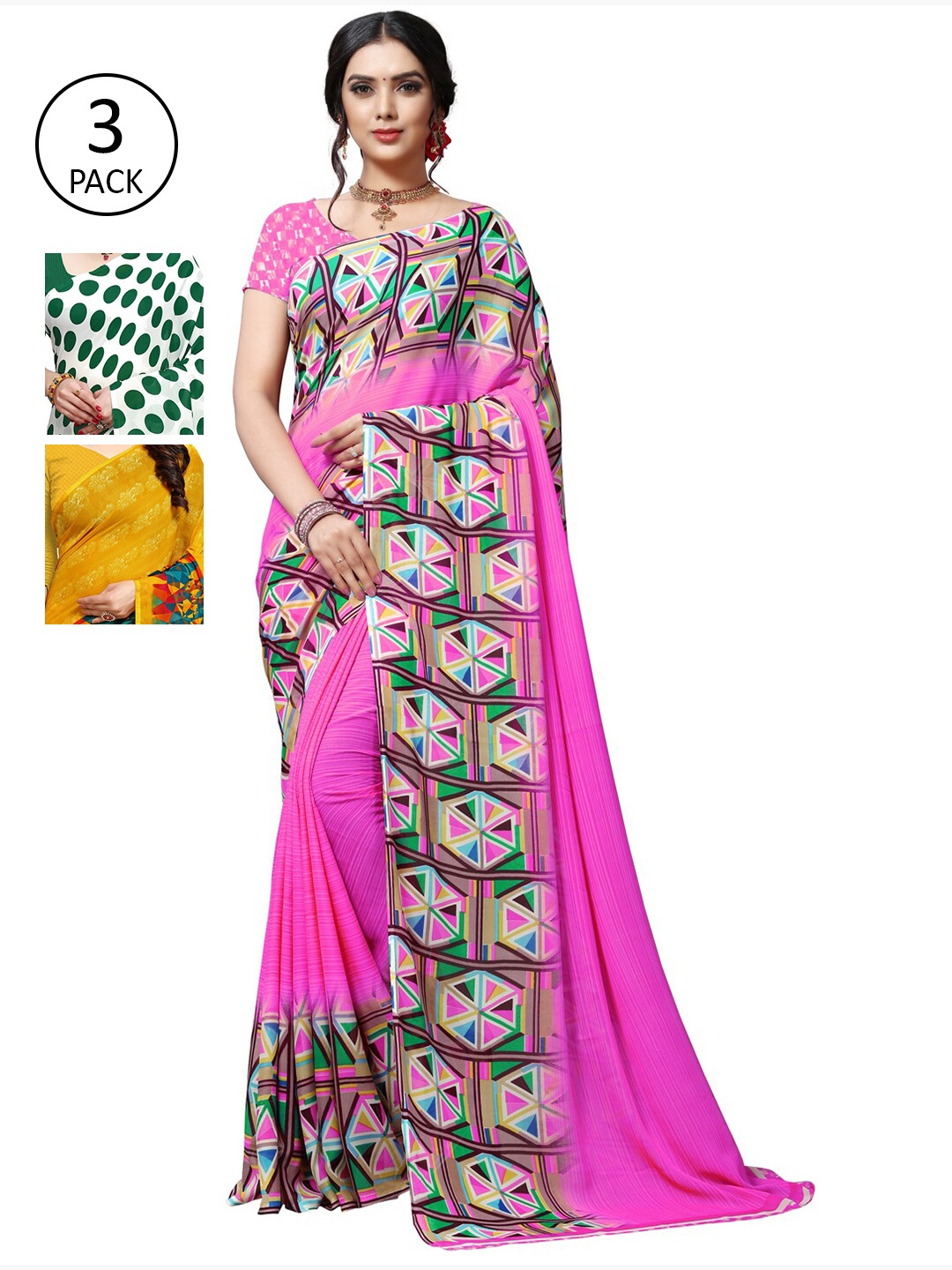 KALINI Pack of 3 Poly Georgette Saree, Yellow