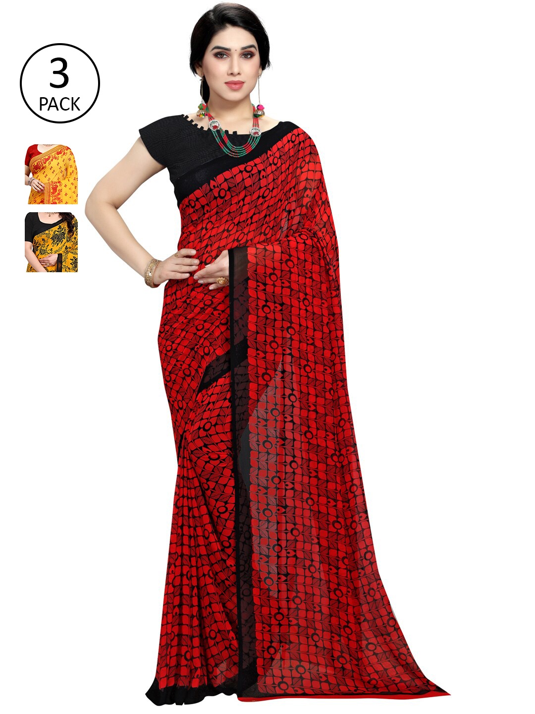 KALINI Yellow & Red Pack of 3 Printed Sarees