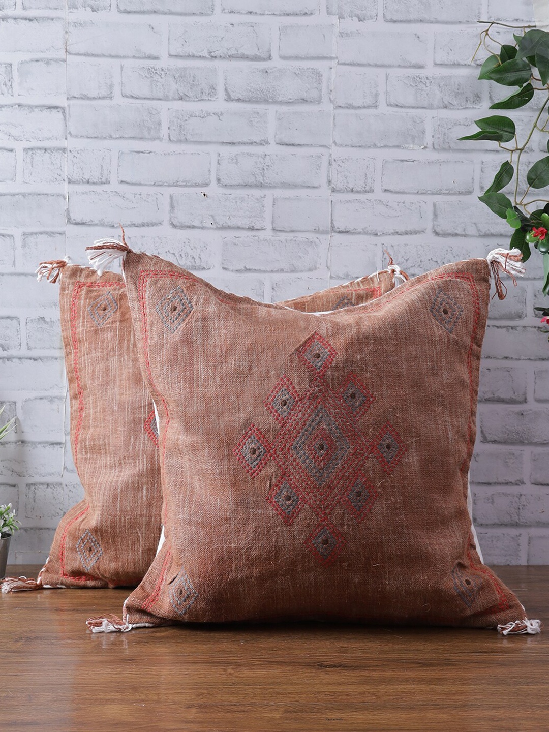 eyda Brown & Peach-Coloured Set of 2 Embroidered Square Cushion Covers