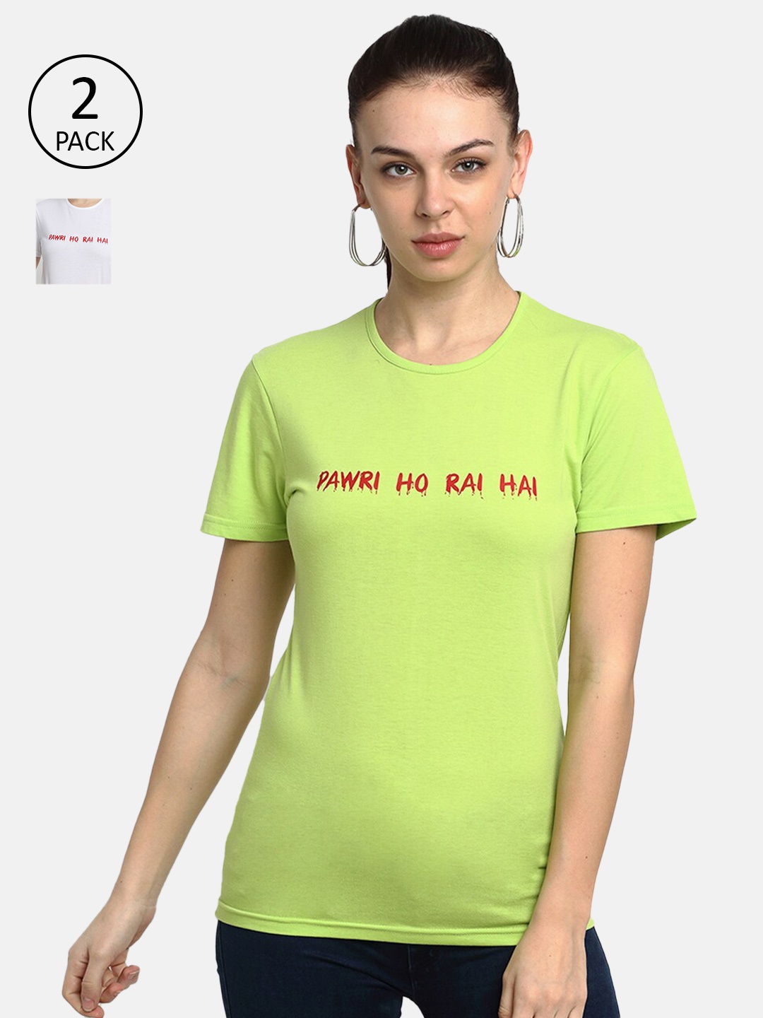 VIMAL JONNEY Women Typography T-shirt - Pack of 2, Green