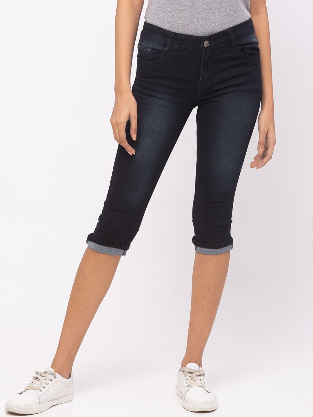 ZOLA Mid Rise Knee Length Capri, Navy blue