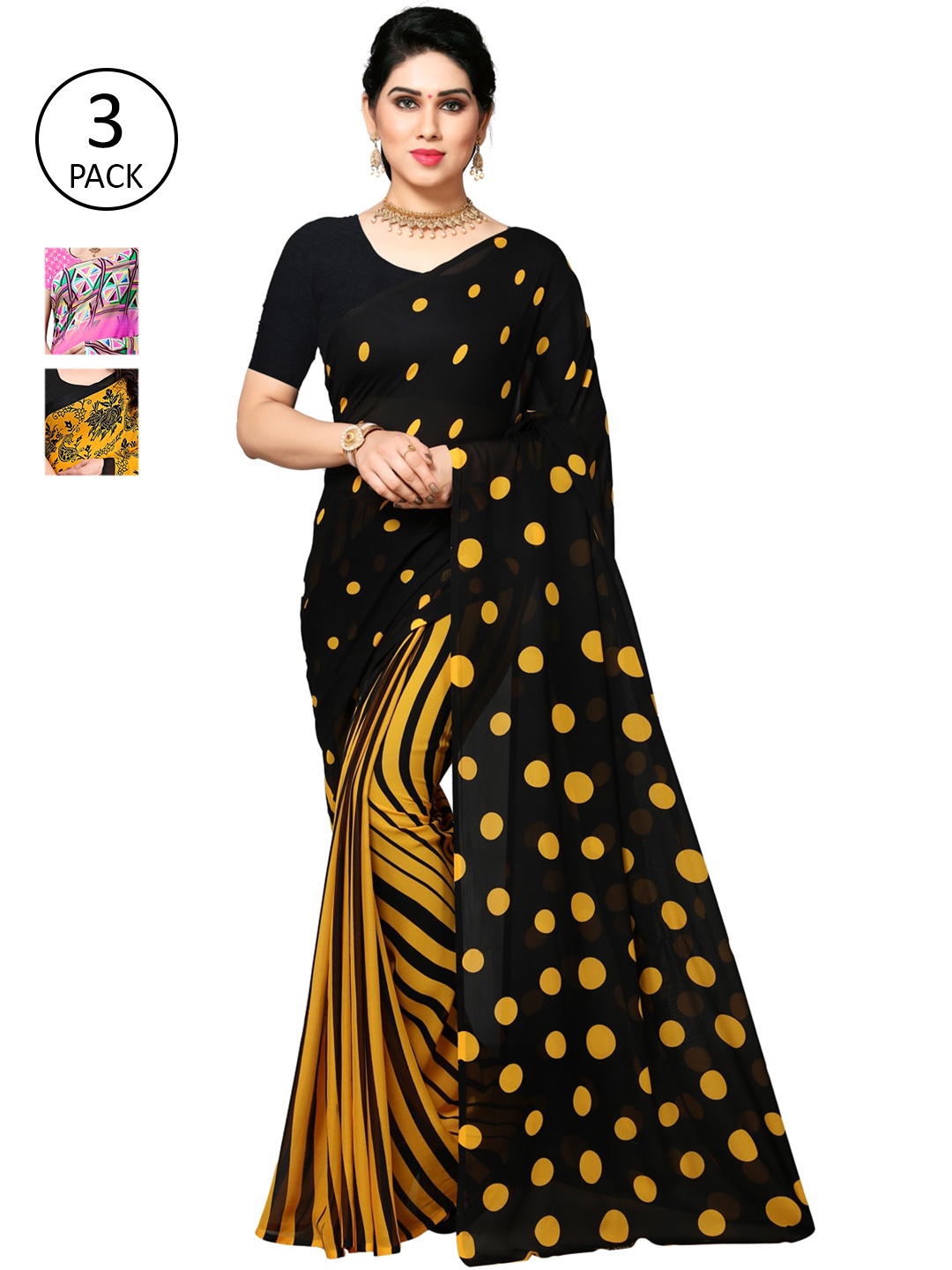 KALINI Pink & Yellow Floral Pack of 3 Saree